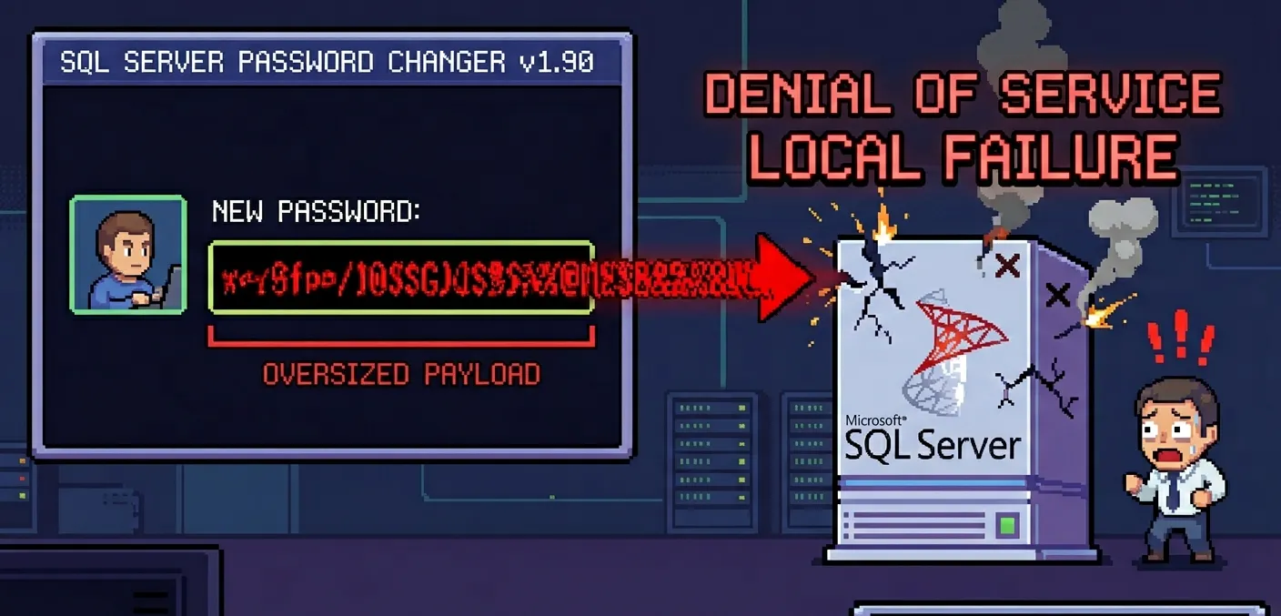 CVE-2019-25475: Desbordamiento de Buffer en SQL Server Password Changer 1.90