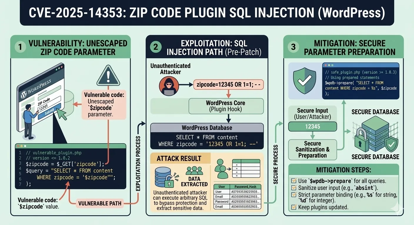 CVE-2025-14353: SQL Injection in WordPress ZIP Code Plugin Exposes Databases