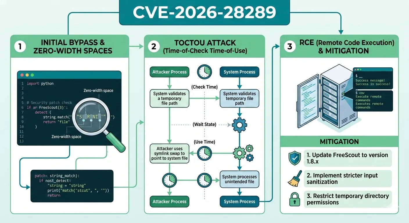 CVE-2026-28289: FreeScout RCE via .htaccess Patch Bypass and TOCTOU Flaw
